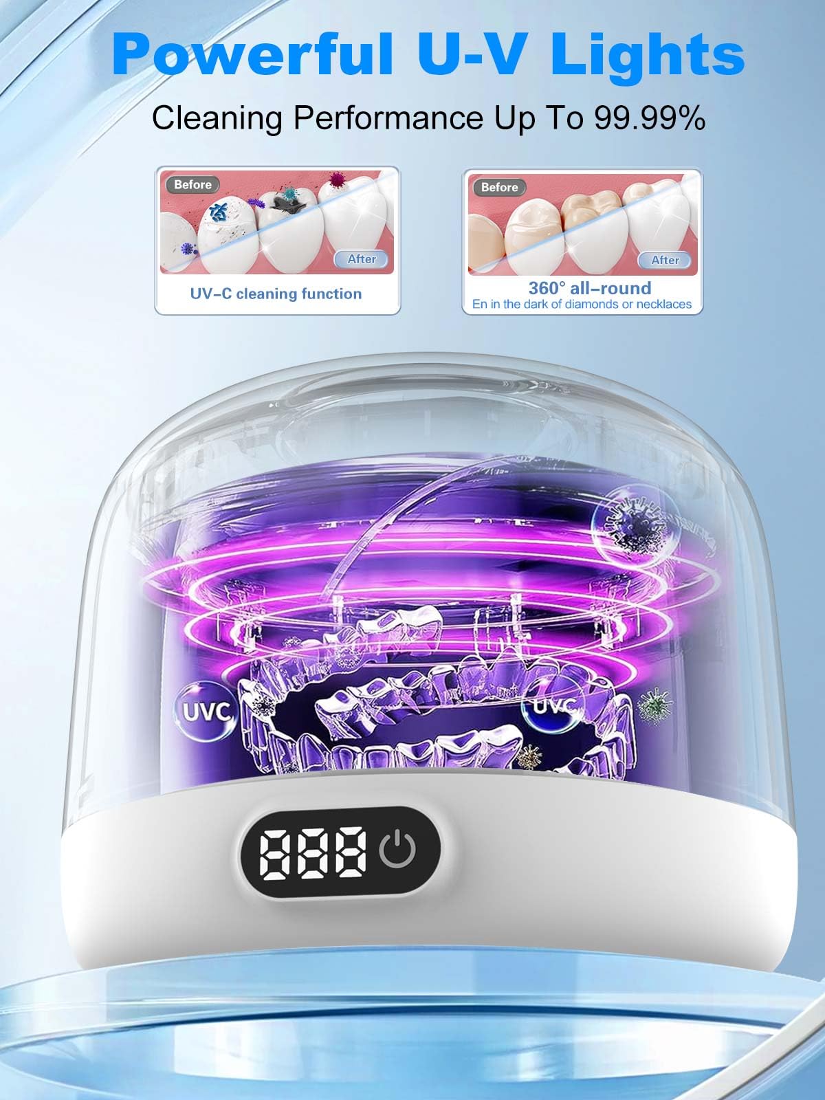 Voraiya Nettoyeur Ultrasons Dentaire IPX7 Etanche Ultrasonic Cleaner Base & Dental Pod Amovible Nettoyant Ultrason avec 2 UV Lampes pour Prothèses Dentaires, Gouttière Dentaire, Retainer, Bijoux