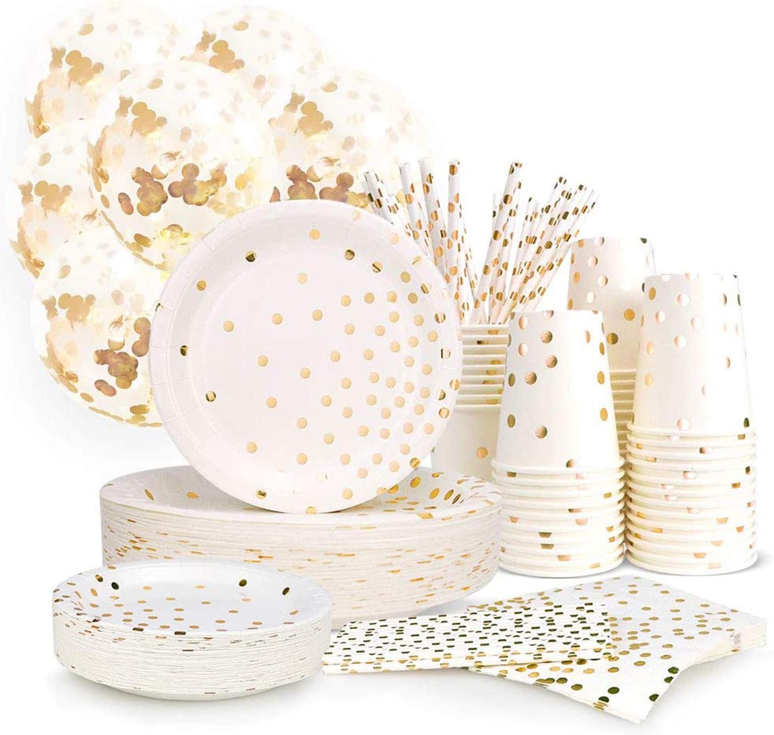 300PCS Gold Paper Party Supplies - Disposable Paper Plates Dinnerware Set Gold Dots 50 Dinner Plates 50 Dessert Plates 50 Cups 50 Napkins 50 Straws 50 Balloons Birthday Party Wedding Holiday