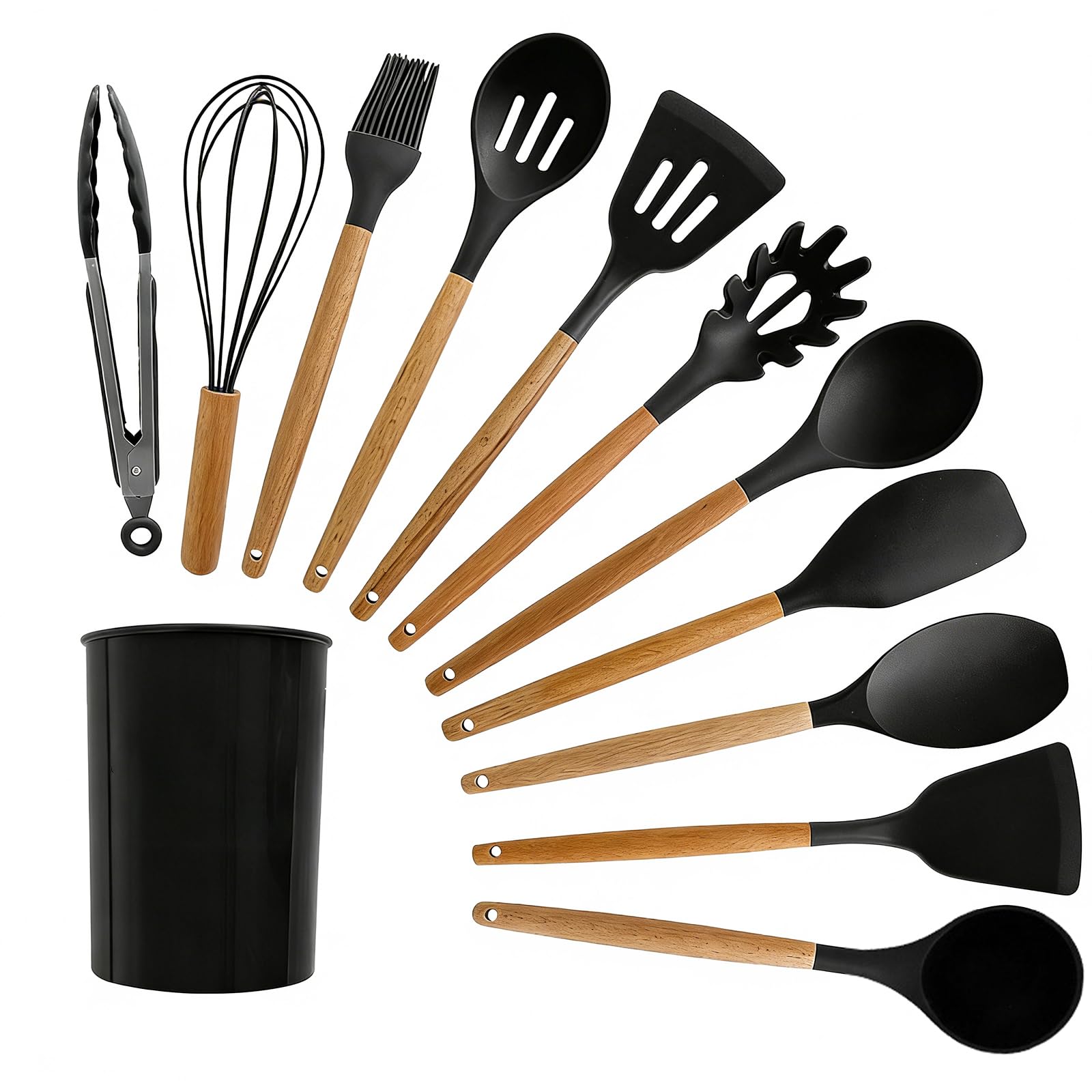 Senshuomy 12 PCS Kitchen Utensil Set, Silicone Cooking Utensils Set with Wooden Handle for Utensils BPA Free, Heat Resistant, Nonstick Cookware Tongs Spatula Spoon Set, Dishwasher Safe (Black)