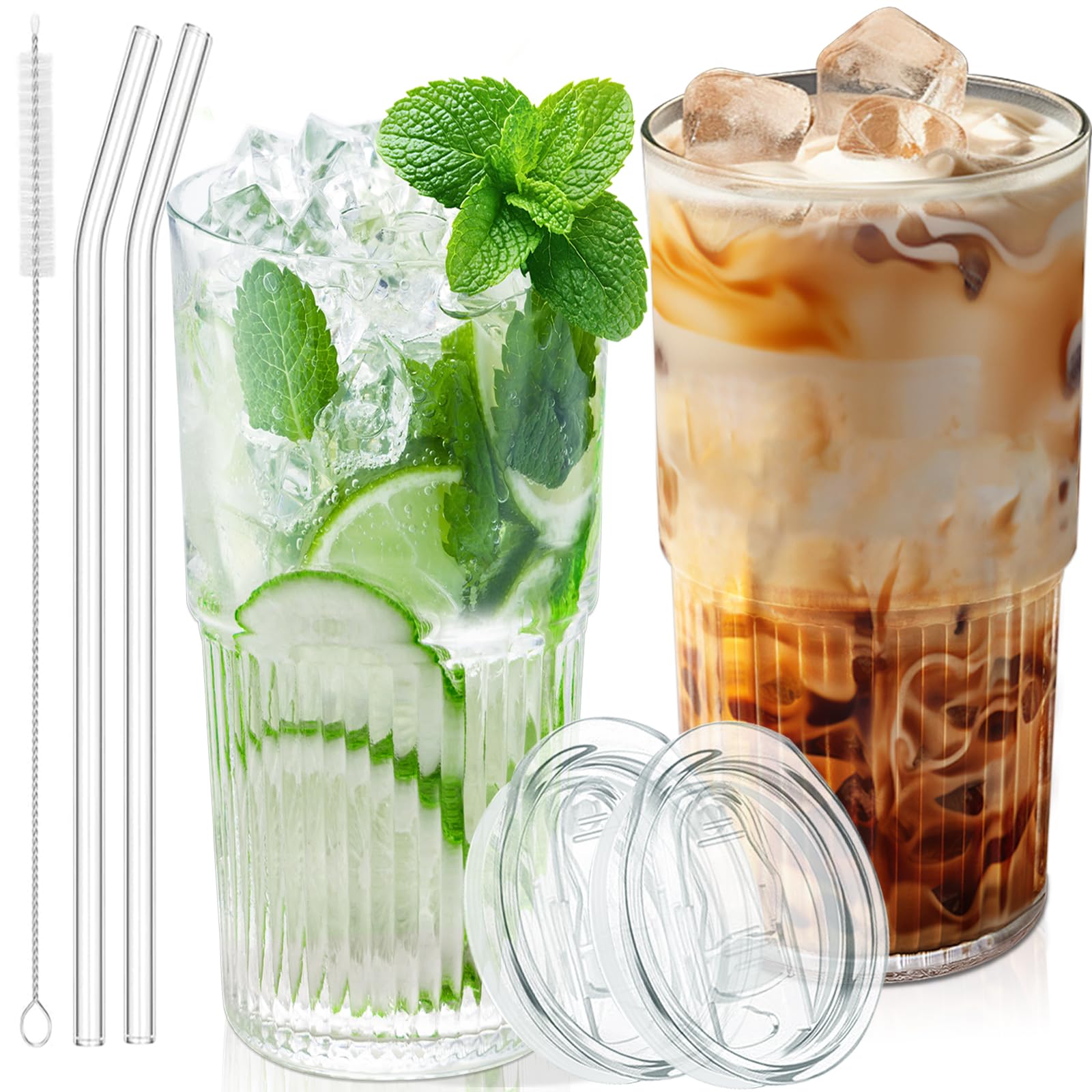 Luiaiog 18 5oz Glass Cups with Lids and Straws - Set of 2 Reusable Tumblers Thickened Shatter-Resistant Glass