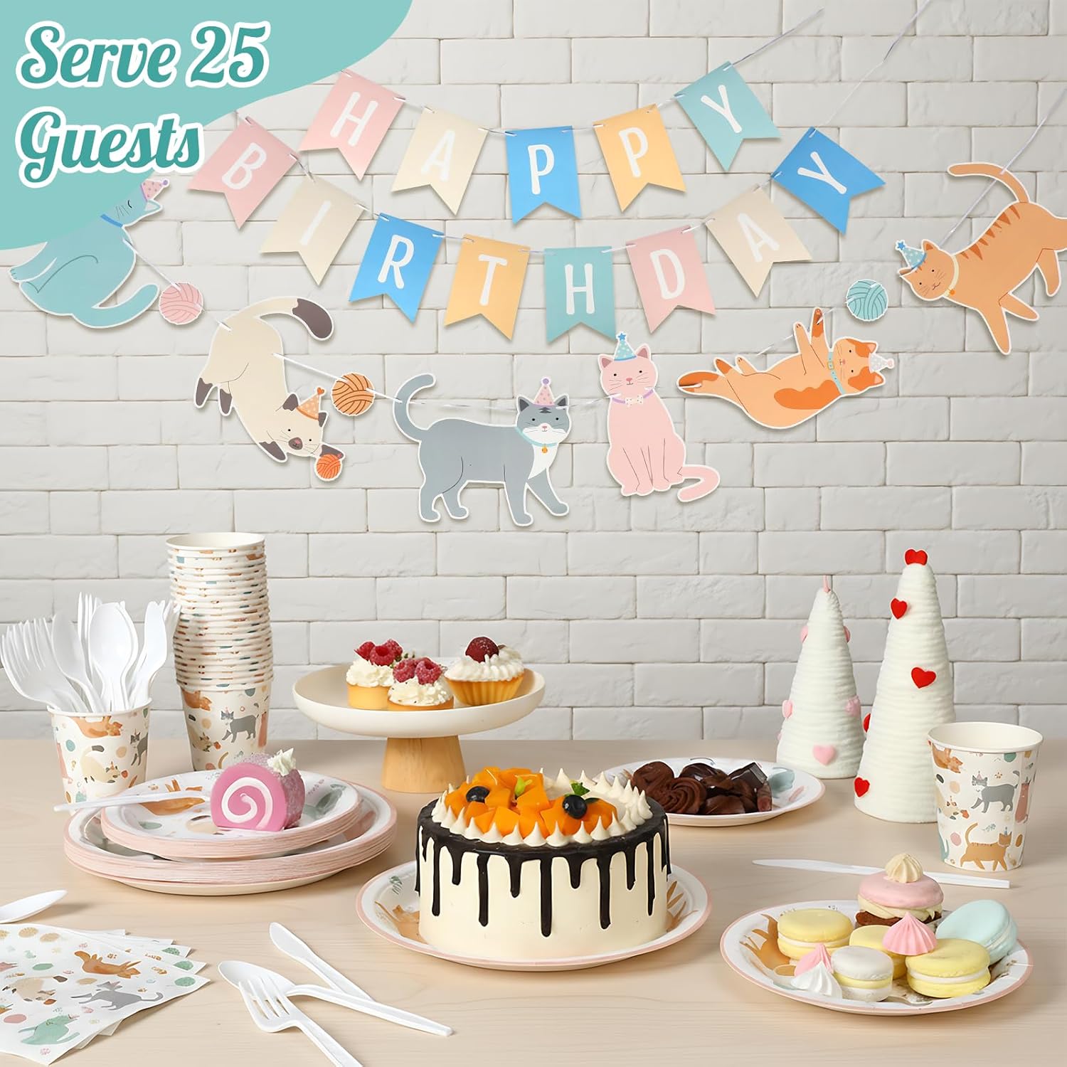 Qinyoung 176 Pcs Cat Birthday Party Supplies Disposable Tableware Set Serves 25 Cute Kitten Themed Paper Plates Napkins Cups Cutlery with Banner for Birthday Decorations