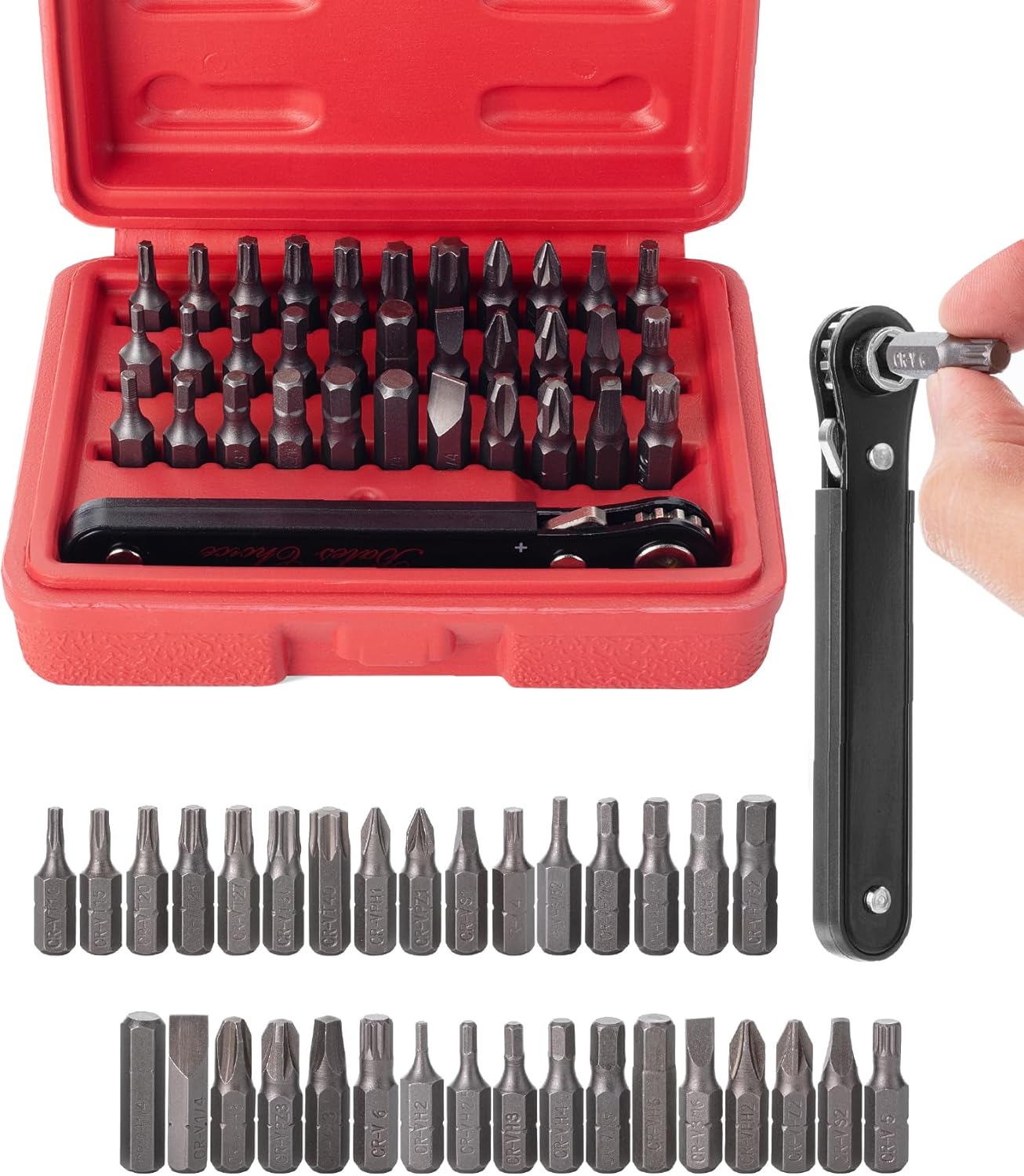 Bates Choice Mini Ratchet Set, 34 pcs, Cr-V Steel, 1/4" Low Profile Right Angle Screwdriver, 1/4 Bit Set, Red Storage Box, Screwdriver Bit Sets