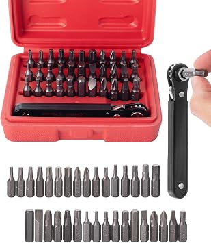 Bates Choice Mini Ratchet Set, 34 pcs, Cr-V Steel, 1/4" Low Profile Right Angle Screwdriver, 1/4 Bit Set, Red Storage Box, Screwdriver Bit Sets