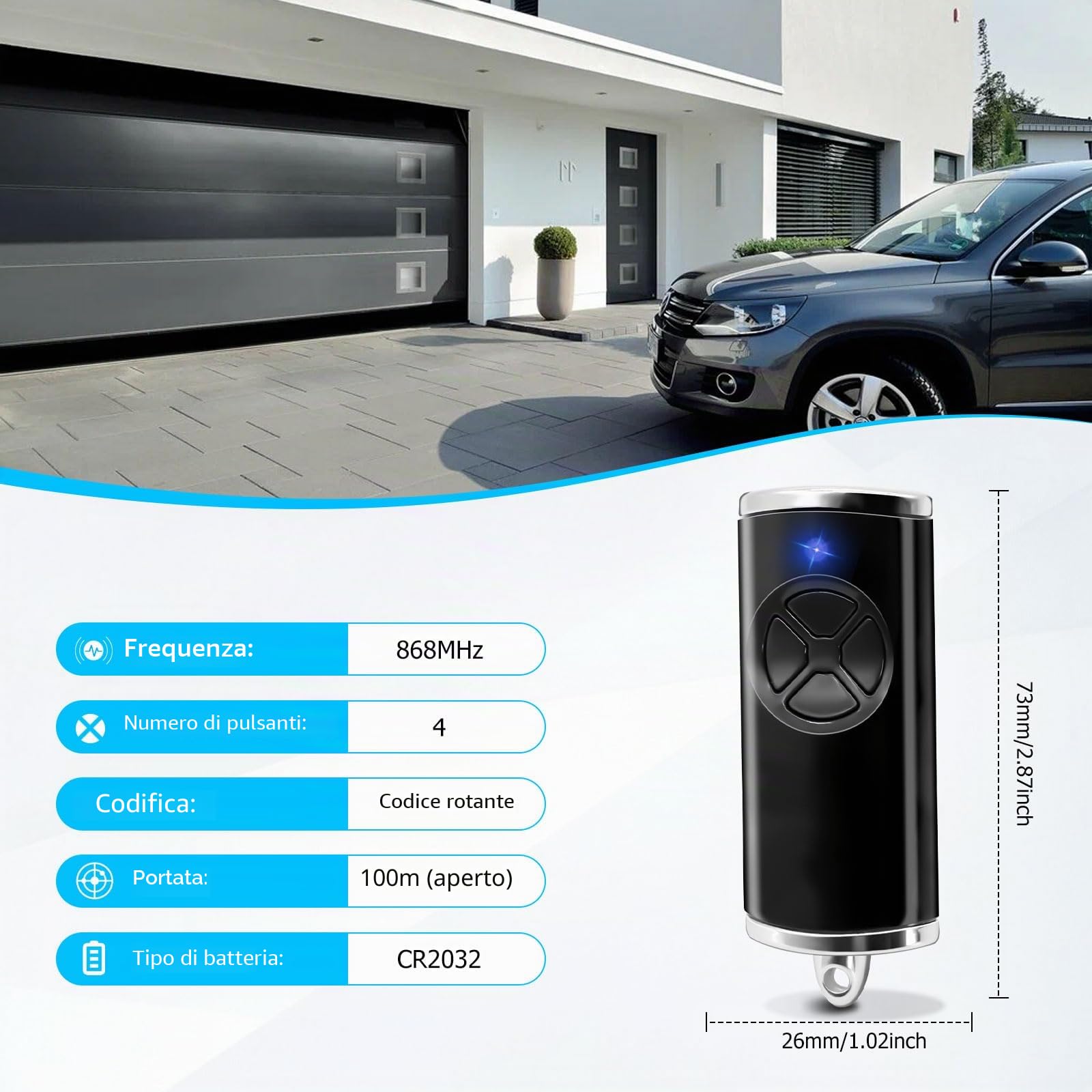 1 trasmettitore di ricambio per hse4-868-bs, apriporta del garage 868,3 MHz, 4 canali, compatibile con hse4-868-bs, hse2-868-bs(nero)