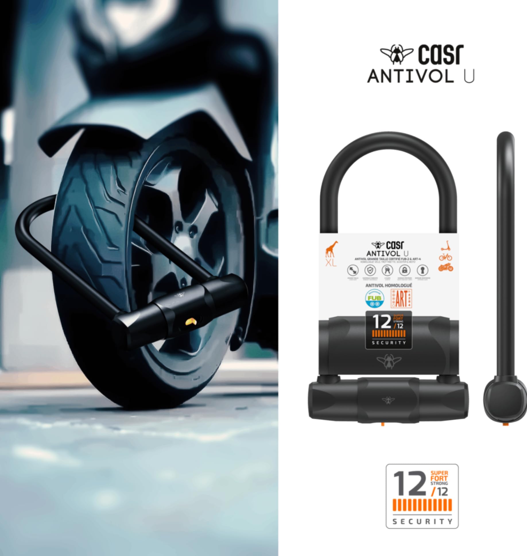 CASR Antivol U XL Fahrradschloss, Fahrradschloss hohe Sicherheit – FUB 2 & ART 4 zertifiziert, Bügelschloss E-Bike, Moto, Roller, 15mm Stahl, 1,7 kg, 23,3cm Bügel, 2 Schlüssel, Schwarz