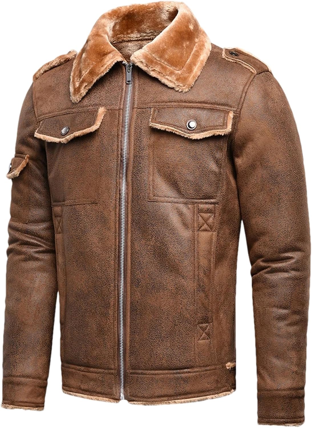Men Winter Vintage Fleece Faux Leather Jacket Casual Lapel Slim Fit Pockets Thick Warm Motor Pu Leather Coat