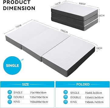 Foldable Folding Mattress Single,Tri-fold Memory Foam Mattress,75x190x10cm | with Washable Cover, Fit for Travel, Camping, Floor, Guest Bed