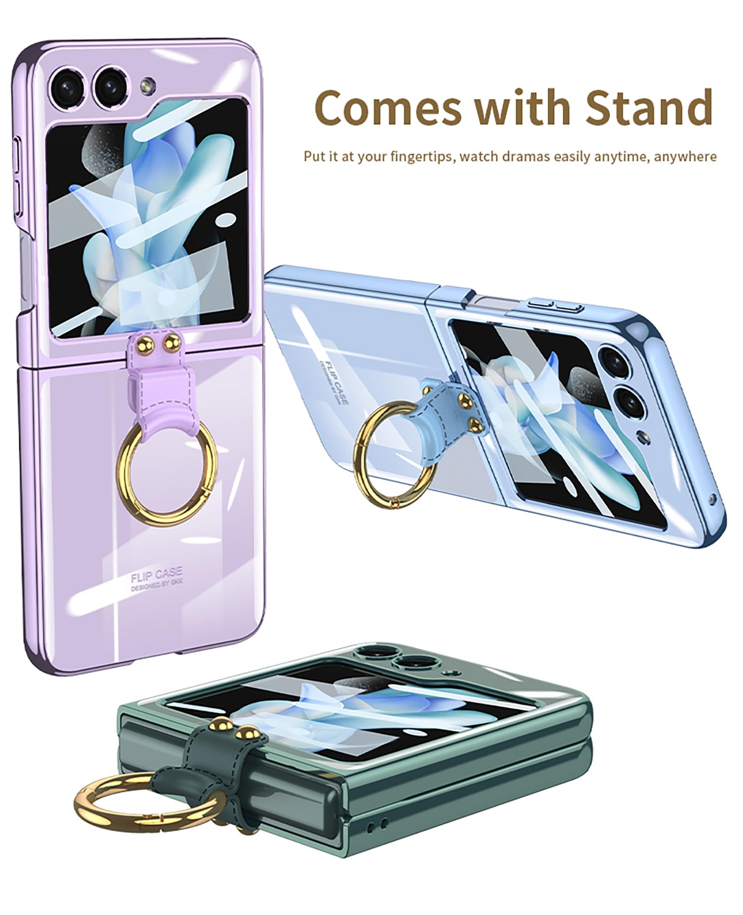 SHIEID Z Flip 5 Case with Ring Stand, Electroplating Border Galaxy Z Flip 5 Slim Protective Cover with Built-in Screen Protector for Samsung Galaxy Z Flip 5 Phone Case, Dark green