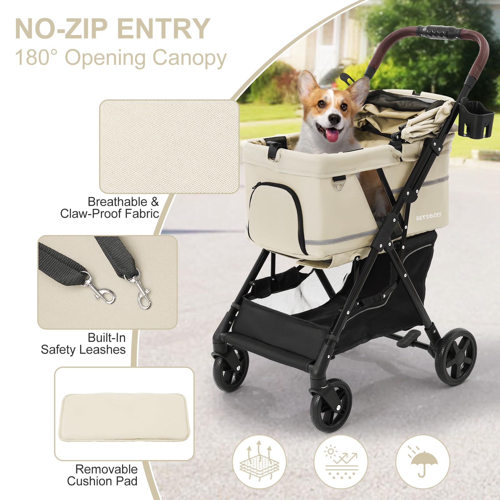 NO-Zip Poussette légère avec bandes de sécurité réfléchissantes, pliage à une main, maille anti-griffes, chariot de voyage respirant, capacité de 15 kg, blanc