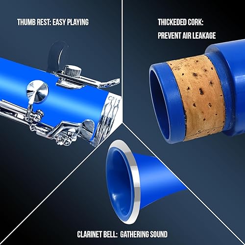 Miniatura 6 de Soulmate Bb Flat - Clarinete para estudiantes principiantes con 17 teclas de níquel con 2 barriles y kit de limpieza para clarinete, color azul