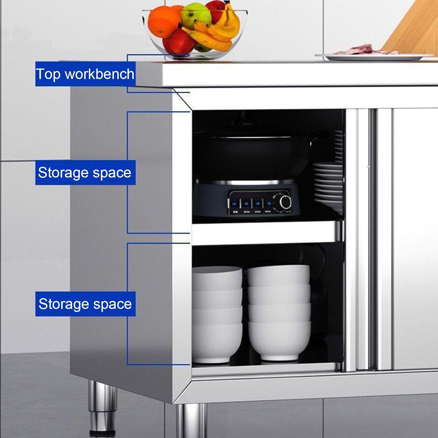 Thickened Stainless Steel Workbench Home Commercial Storage Cabinet Large Storage Kitchen Workbench Sliding Door Design Sturdy and Stable Metal Table