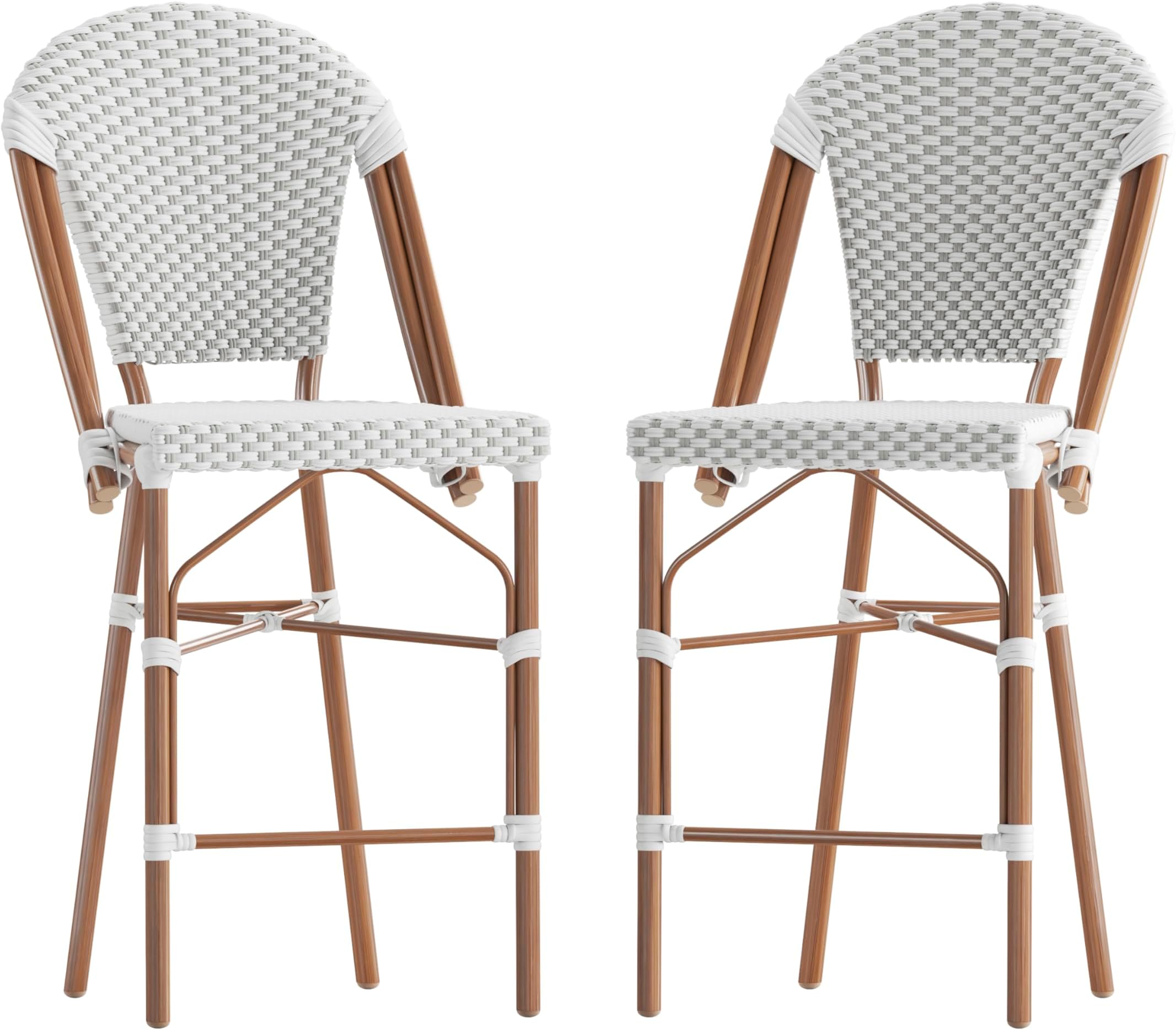 Flash Furniture Lourdes Commercial Grade Bistro Counter Height Stool, Stackable Indoor/Outdoor Dining Stool, 26" High, White/Gray and Bamboo Finish, Set of 2