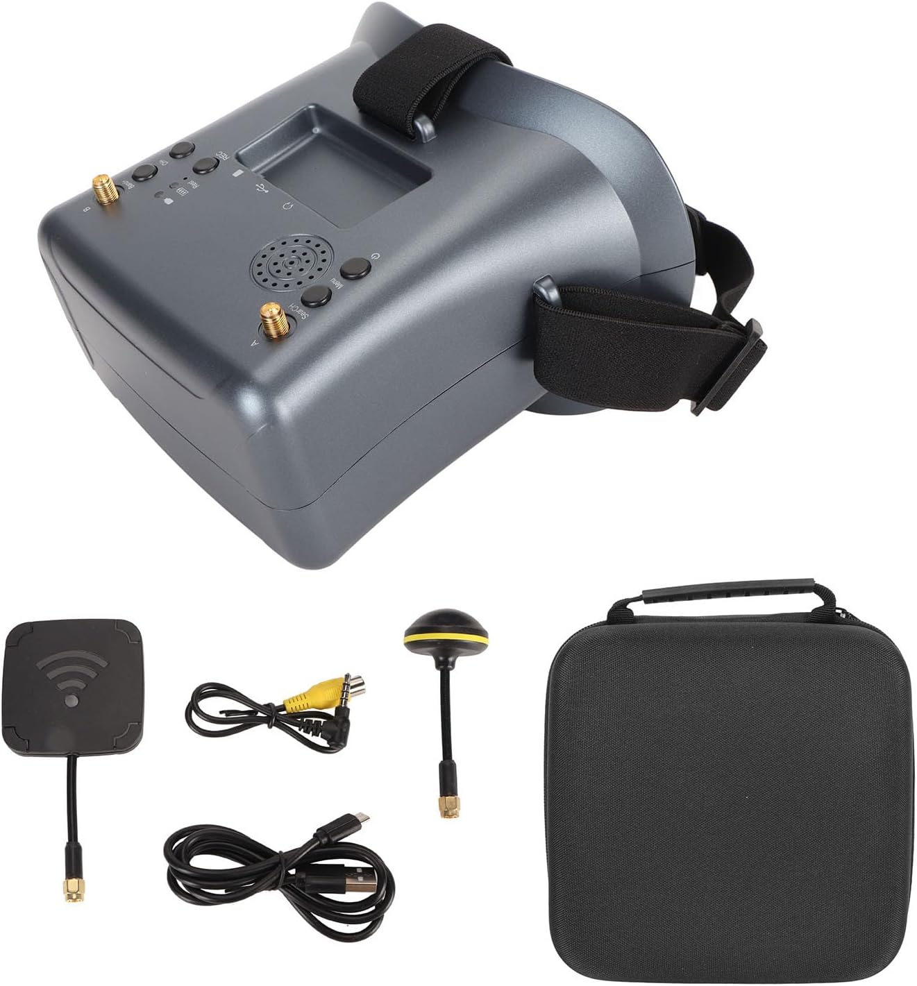 SUNGOOYUE FPV Video Glasses, 4.3 Inch LCD Monitor with Dual Antennas for Stable Signal, 800x480 Resolution, 3.7V 2000mAh Battery, 92% Transparent Lens, Automatic Search Function