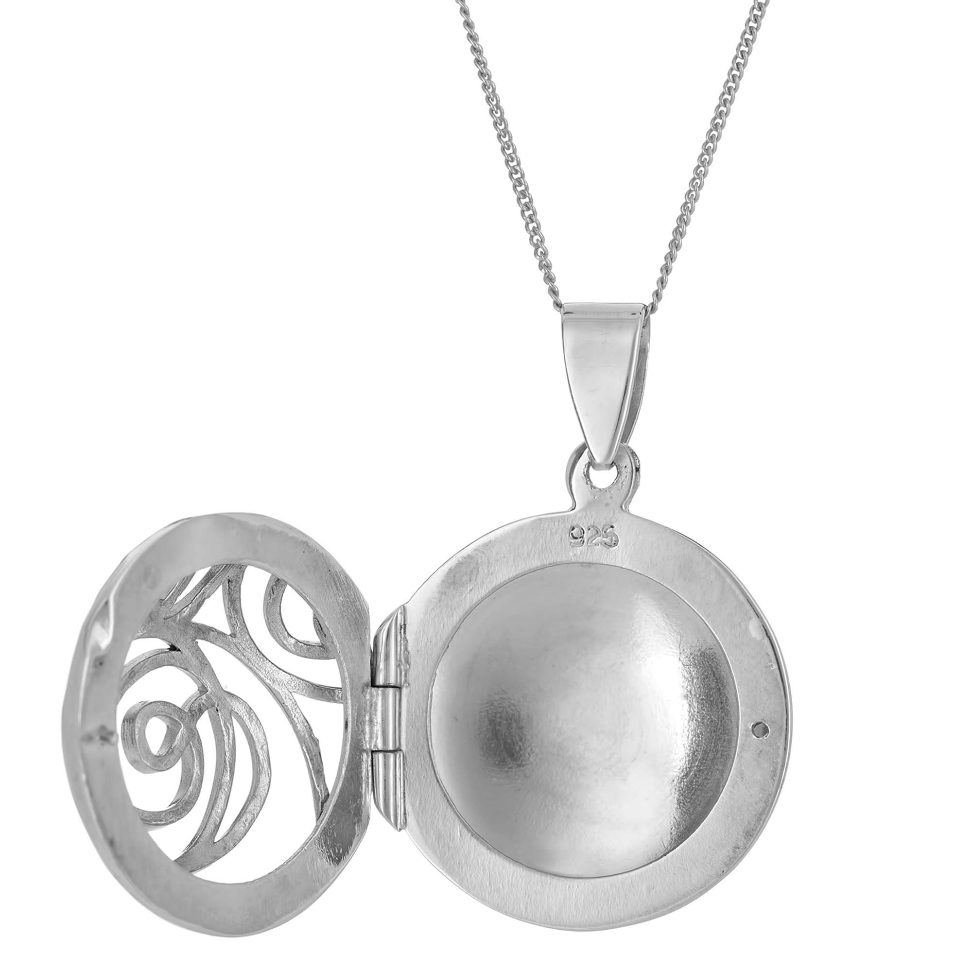 HLTYGWX Damen-Halskette mit rundem Medaillon-Anhänger aus 925er-Sterlingsilber, filigranes Ausschnittmuster, 45,7 cm
