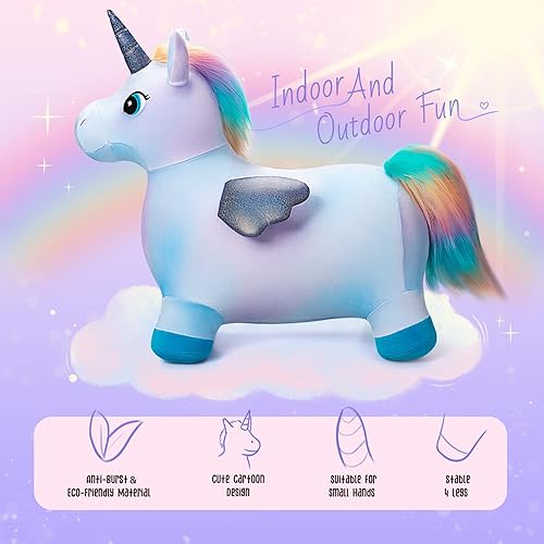 Vista 4 de EVERICH TOY Caballos hinchables de unicornio inflable de peluche para saltar animales de tolva rebotadora para niños pequeños, animales inflables
