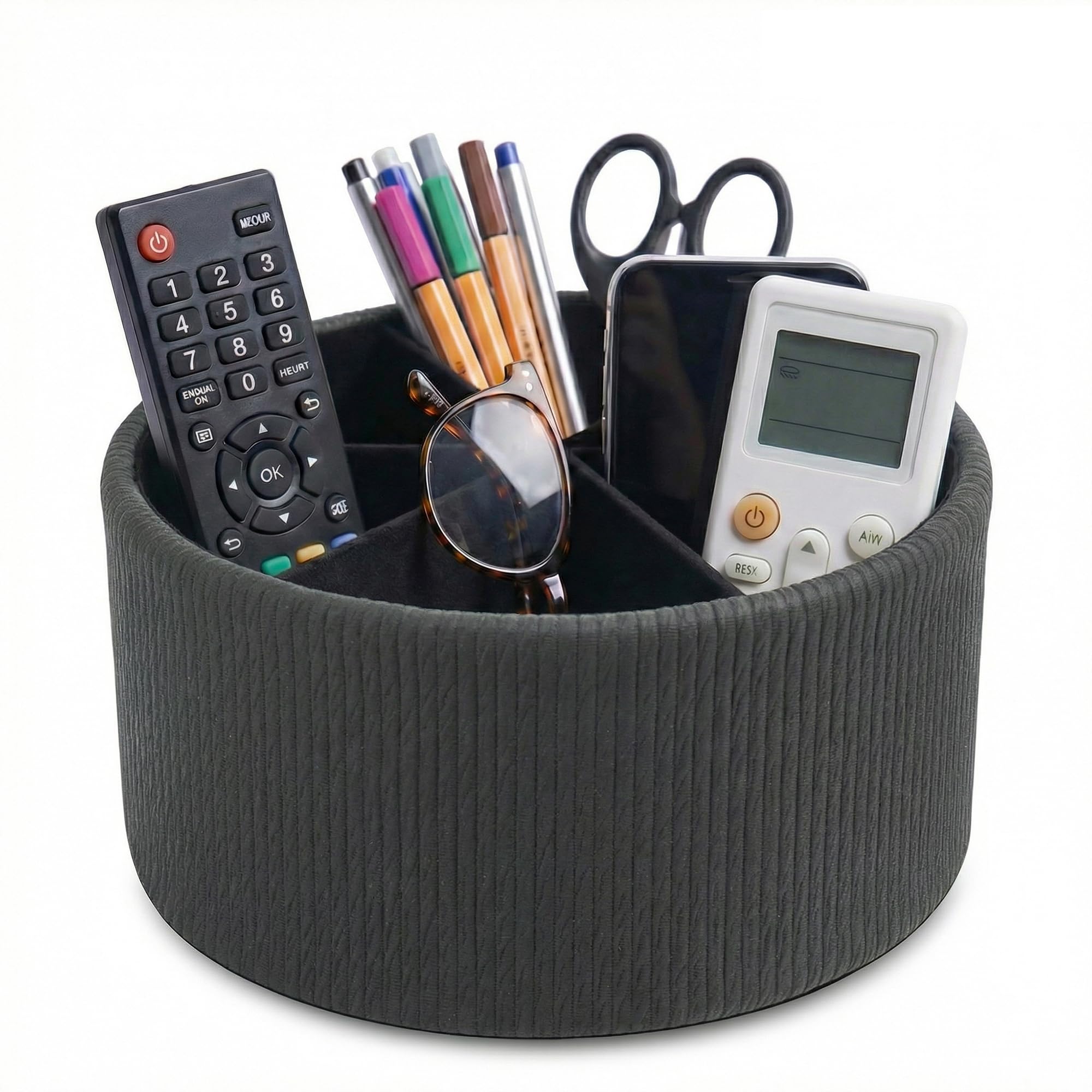 Mtzmy Remote Control Holder, 360°Spinning PU Leather Desk TV Remote Caddy,Desk Storage Box Room Accessories for Controller, Media,Mail,Calculator, Mobile Phone,Pencil(1-Big Wood Black)