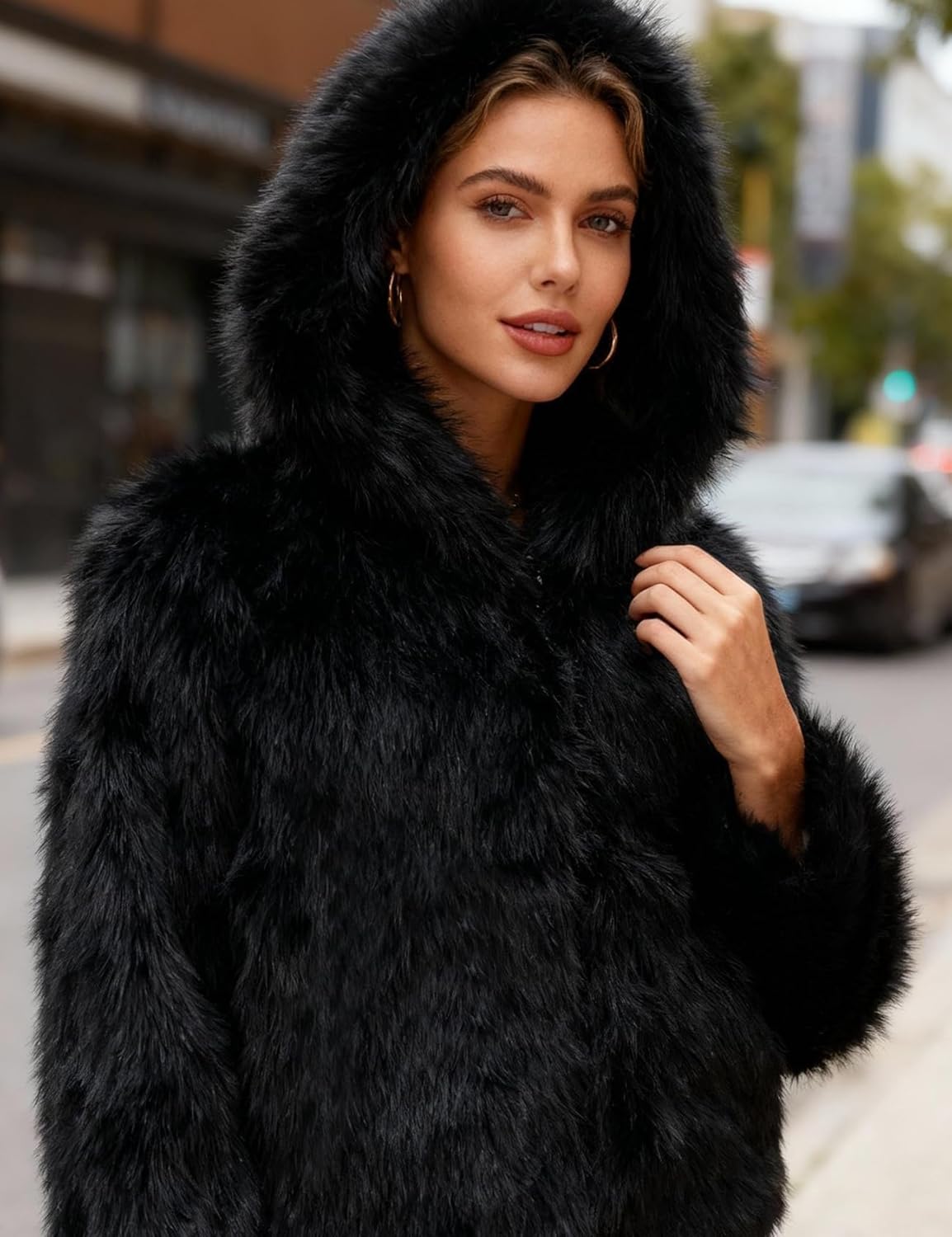 Flygo Womens Faux Fur Coat Cropped Fluffy Hooded Winter Jackets Zip Up Open Front Fuzzy Short Shaggy Warm Coats with Pockets - Image 5