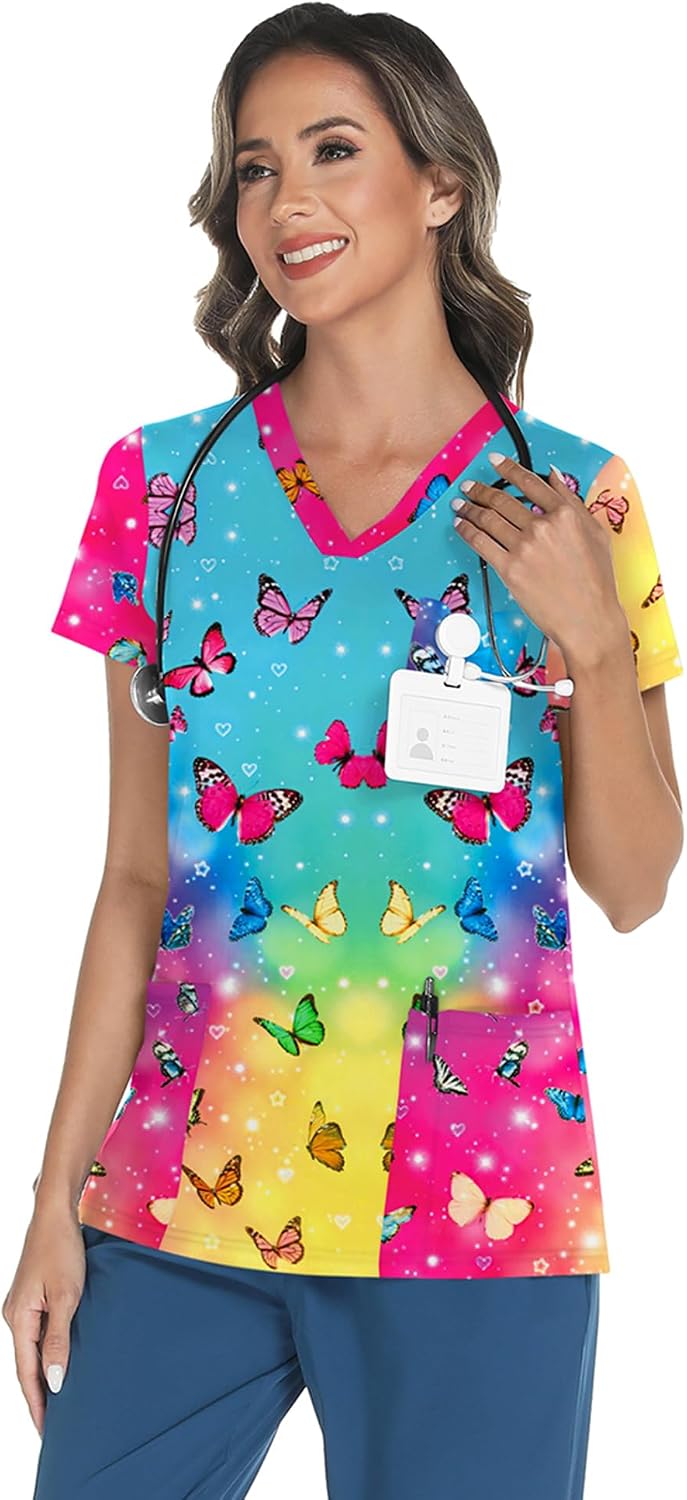 LOMON Women's V Neck Printed Scrub Top with 3 Pockets image 2