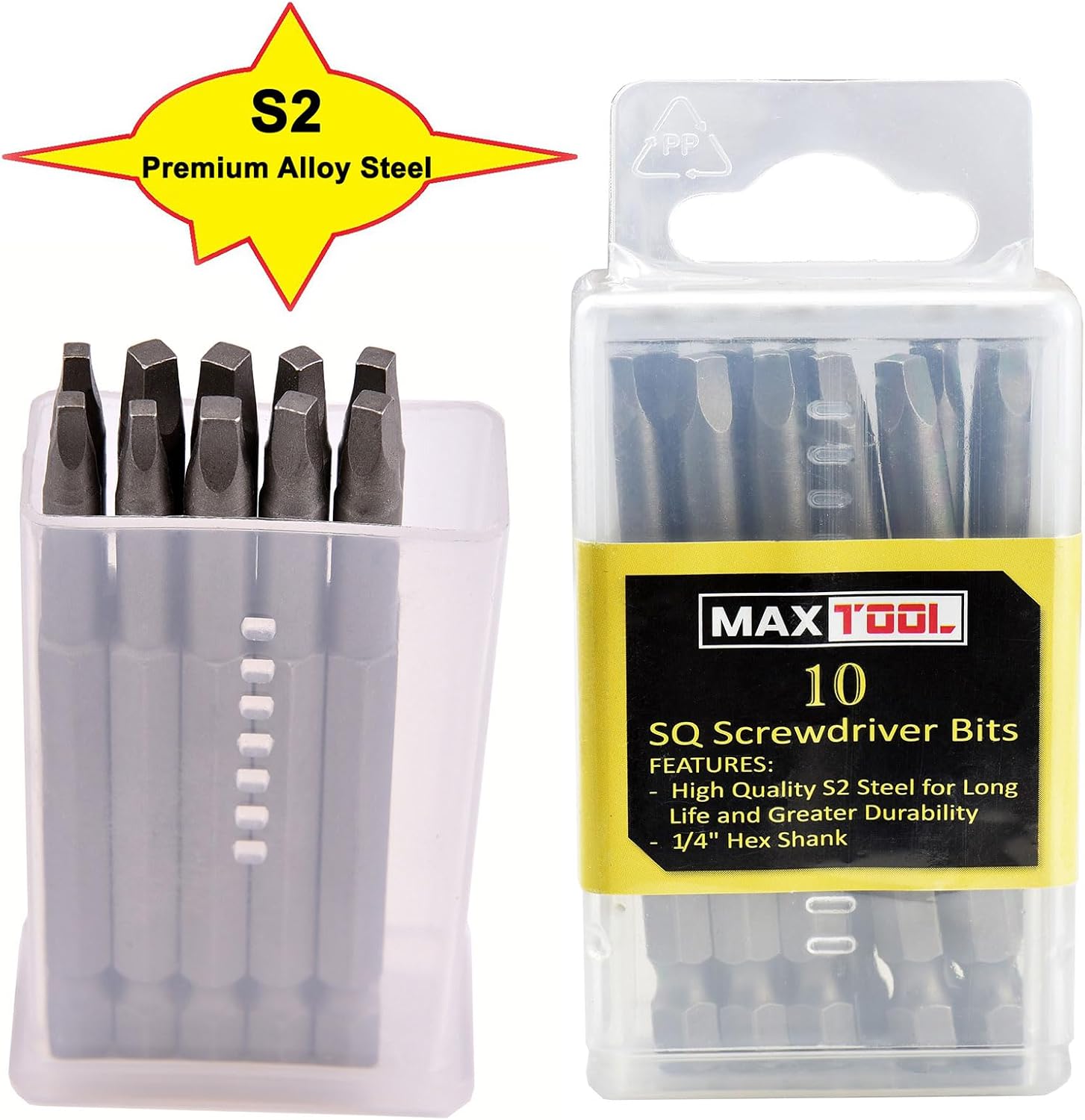 MaxTool 10PCs SQsx3" Assorted Screwdriver Bit Set; Square Head #1, 2, 3; 3" OAL; 1/4" Hex; S2 Premium Alloy Tool Steel; SQsx3P10-S2