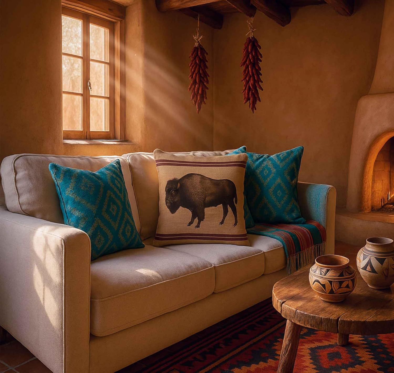 Decorative Western Throw Pillow Cover 18 Inches x 18 Inches, Western Style Vintage Bison Decor Throw Pillow Cover, Cover only (Pack of 2)