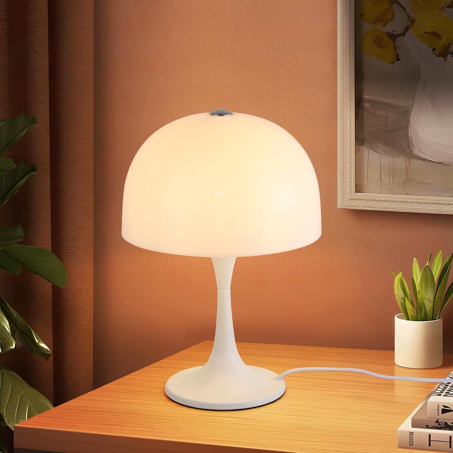 Modern Sleek Table Lamp for Bedroom, 3-Light LED End Table Lamp for Living Room, Office, Milky White Acrylic Shade Metal Mushroom Desk Lamp for Bedside Night Light, White Base