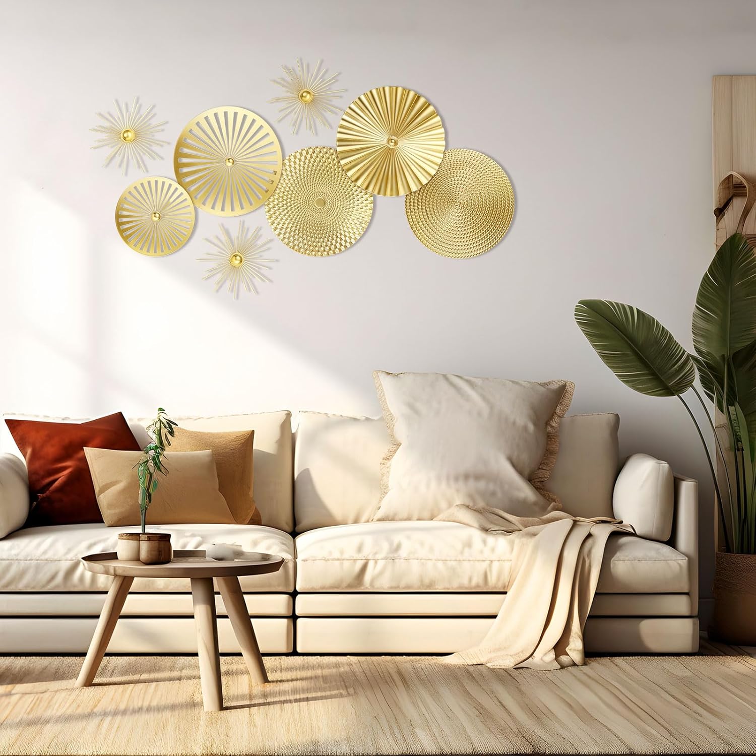 8 Pcs Gold Wall Decor Modern Metal Decor Metal Starbursts Radial Plate Art Hanging Decorative Wall Decorations for Home Bedroom Bathroom Living Room Office Sculpture(Gold)