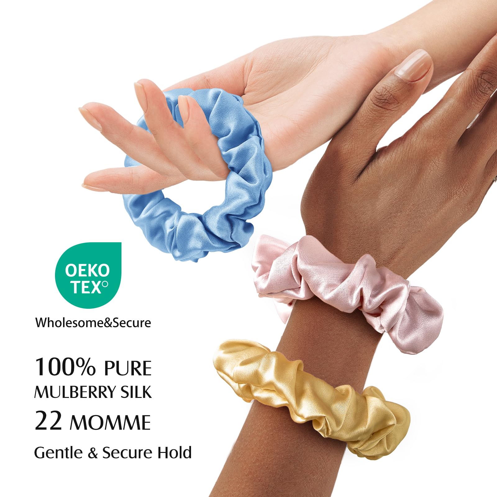 Silk Scrunchies 3 Pack Pure Mulberry 22 Momme Hair Ties Prevent Breakage Miwen Silk Scrunchies for Women Small Black - 4 Pack 22  main image 2