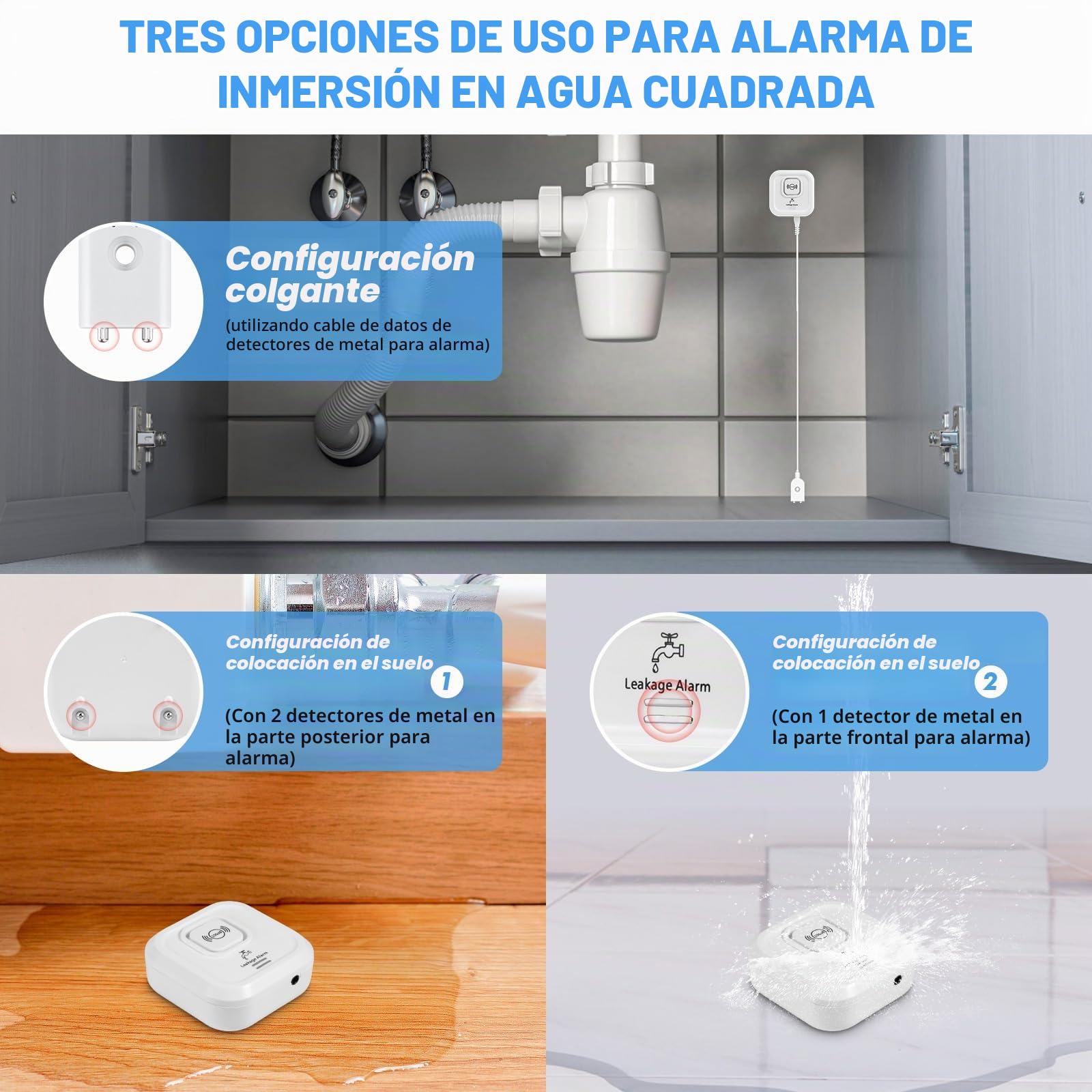 Detector de Fugas de Agua WiFi 100dB Alarma Sensor de Agua Tuya App 3 Tipos Detección Inalámbrico Cable Sonda 105 cm