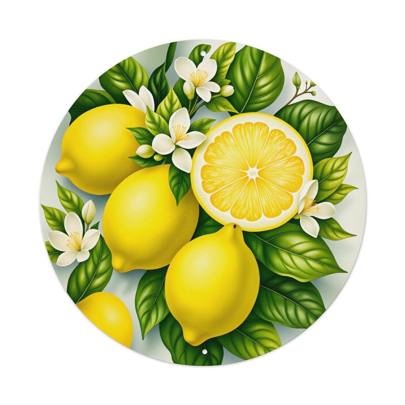 Wmlzdnwr Vintage Lemon Flowers Leaves Fruits Nature Fresh Vibrant Colorful Circular Design Round Tin Sign,Retro Wall Art,Metal Poster For Home, Bar, Garage, Cafe, Rustic Indoor & Outdoor Decor, 8X8 Inches