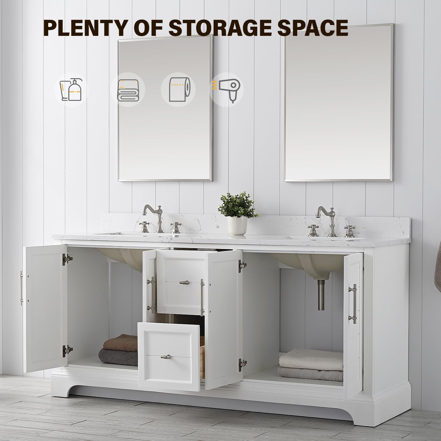 Vanity Art 72 Inch Double Sink Bathroom Vanity with Ceramic Sink and Engineered Marble Top | Undermount Rectangular Sink Cabinet Soft Closing Doors, Dovetailed Drawers, No Mirror VA5072-DW