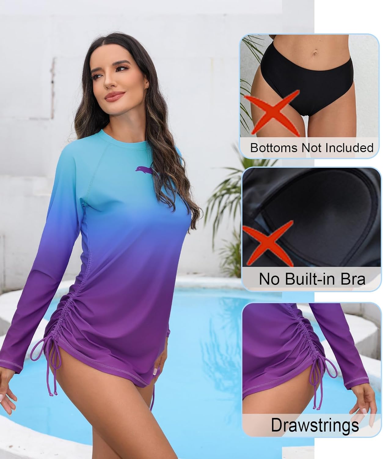 Halcurt Women's Long Sleeve Rash Guard Swim Shirt with Tie Drawstring UPF 50+ Sun Protection Swimsuit Top - Image 4