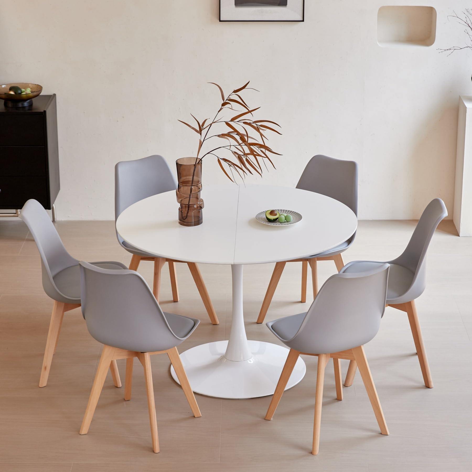 Set tavolo da pranzo e sedia, Tavolo da pranzo rotondo in MDF da 110 cm con 6 moderne sedie da pranzo, adatti per cucina, sala da pranzo, soggiorno, caffetteria, balcone (Bianco，6 Grigio