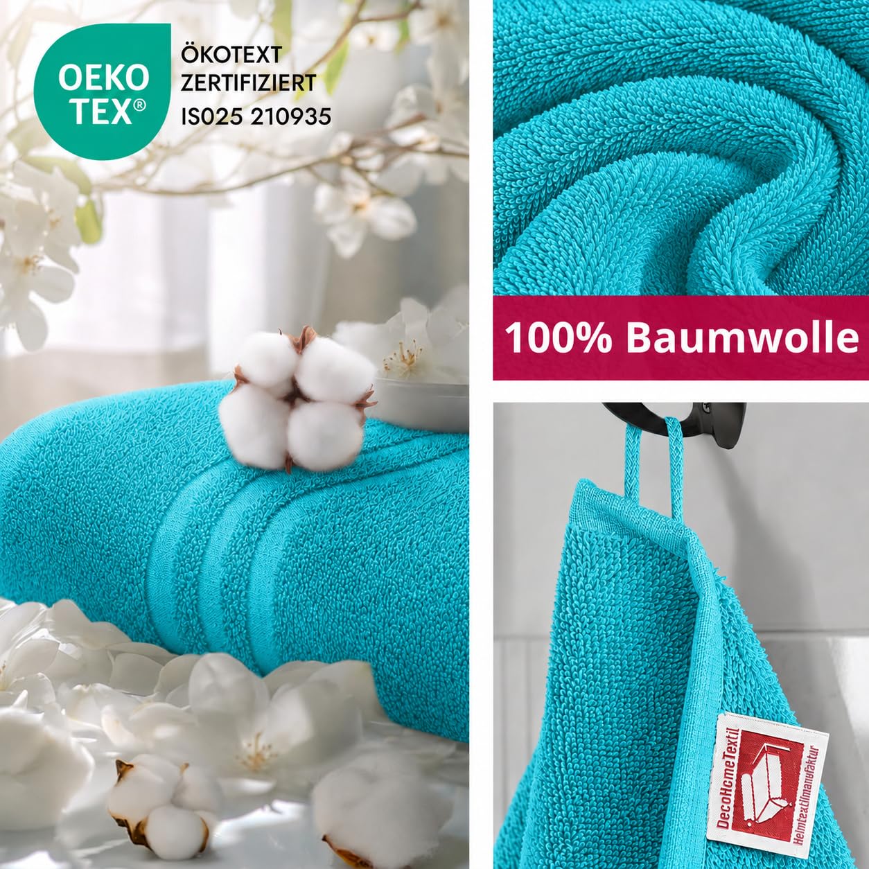 DecoHomeTextil Set spugna 4 asciugamani 50x100, 2 teli 70x140 in Turchese | 100% cotone, spugna di alta qualità, morbida e assorbente