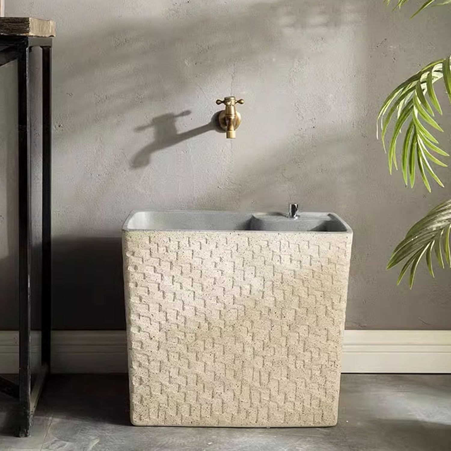 Ceramic Floor Mop Sink with Faucet, Free-Standing Commercial Mop Basin with Drain Button, Ideal for Laundry Room, Garage, and Pool Cleaning