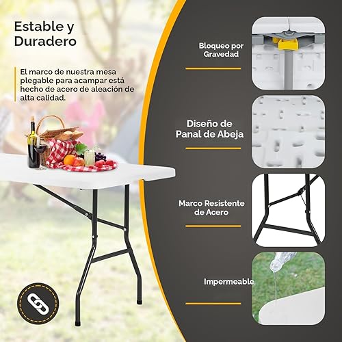 Miniatura 4 de Mesa plegable portátil de plástico resistente de 6 pies, mesa de comedor de plástico para interiores y exteriores, para campamento, picnic y fiesta,