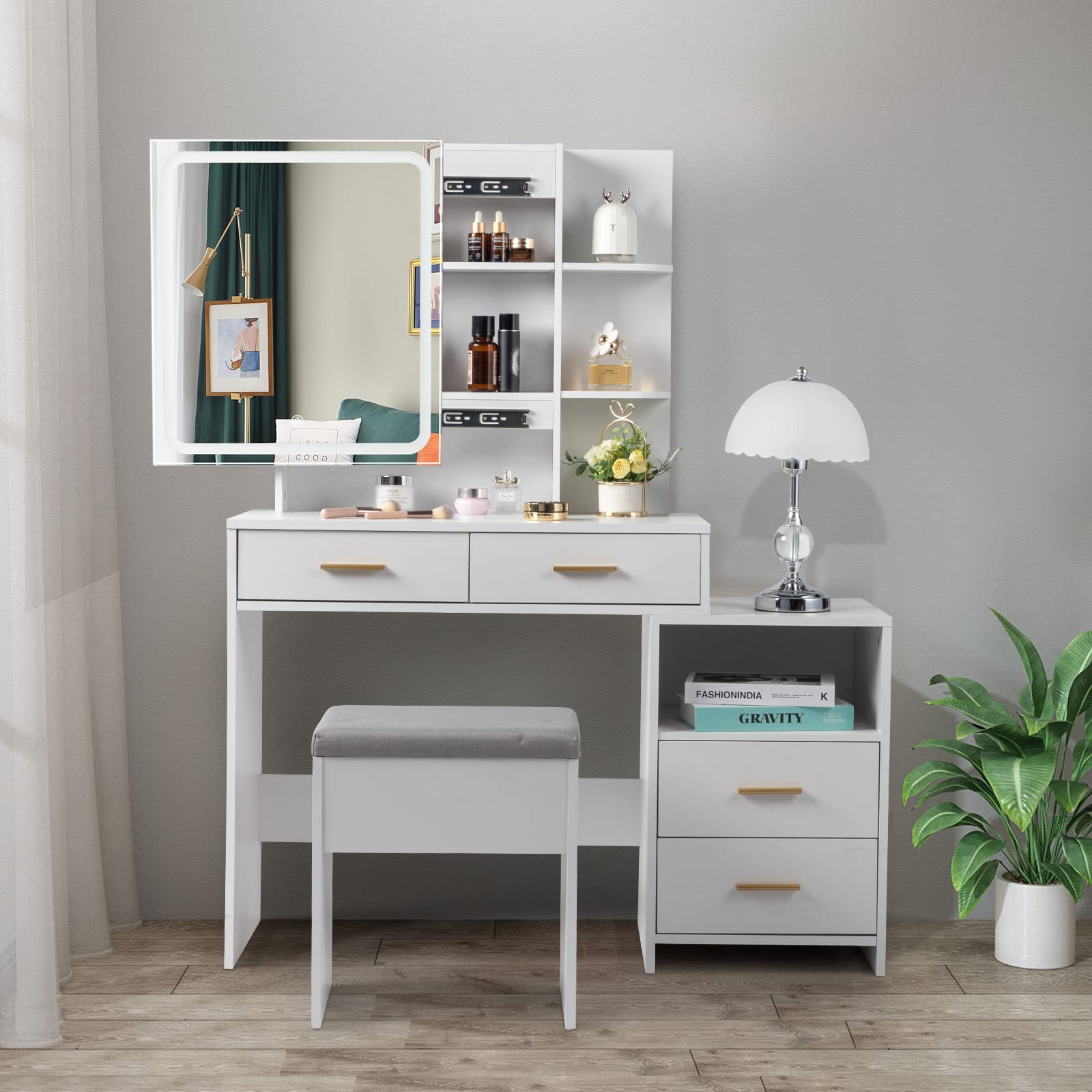 AMOPA Particleboard Triamine Veneer 4 Drawers 1 Storage Cabinet 2 Shelves Mirror Cabinet Dressing Table Set Led Three-Tone Light White