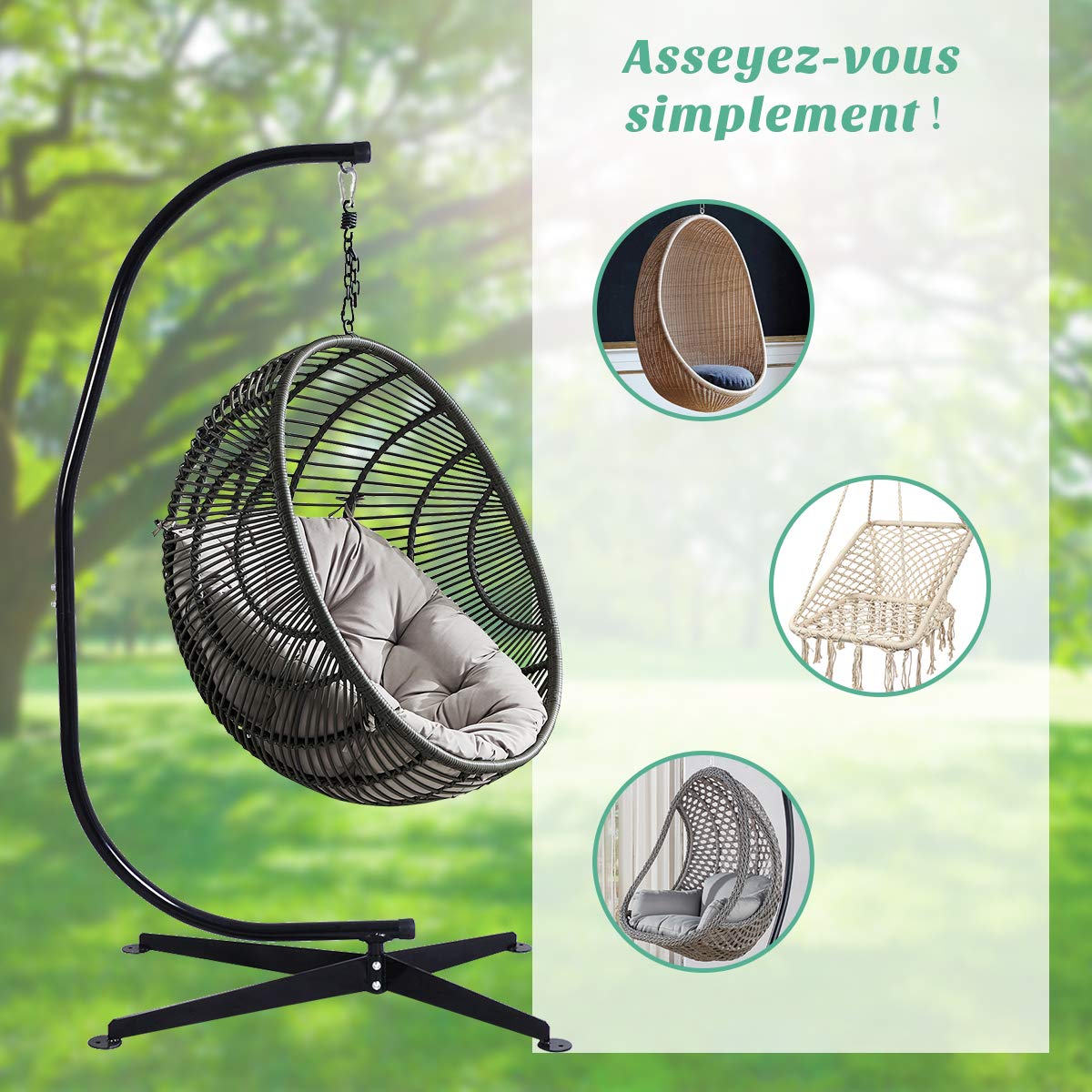RELAX4LIFE Support Fauteuil Suspendu Pied de Hamac en Acier Robuste Revêtu en Noir Capacité Max 150KG Dimension 112x79x205CM