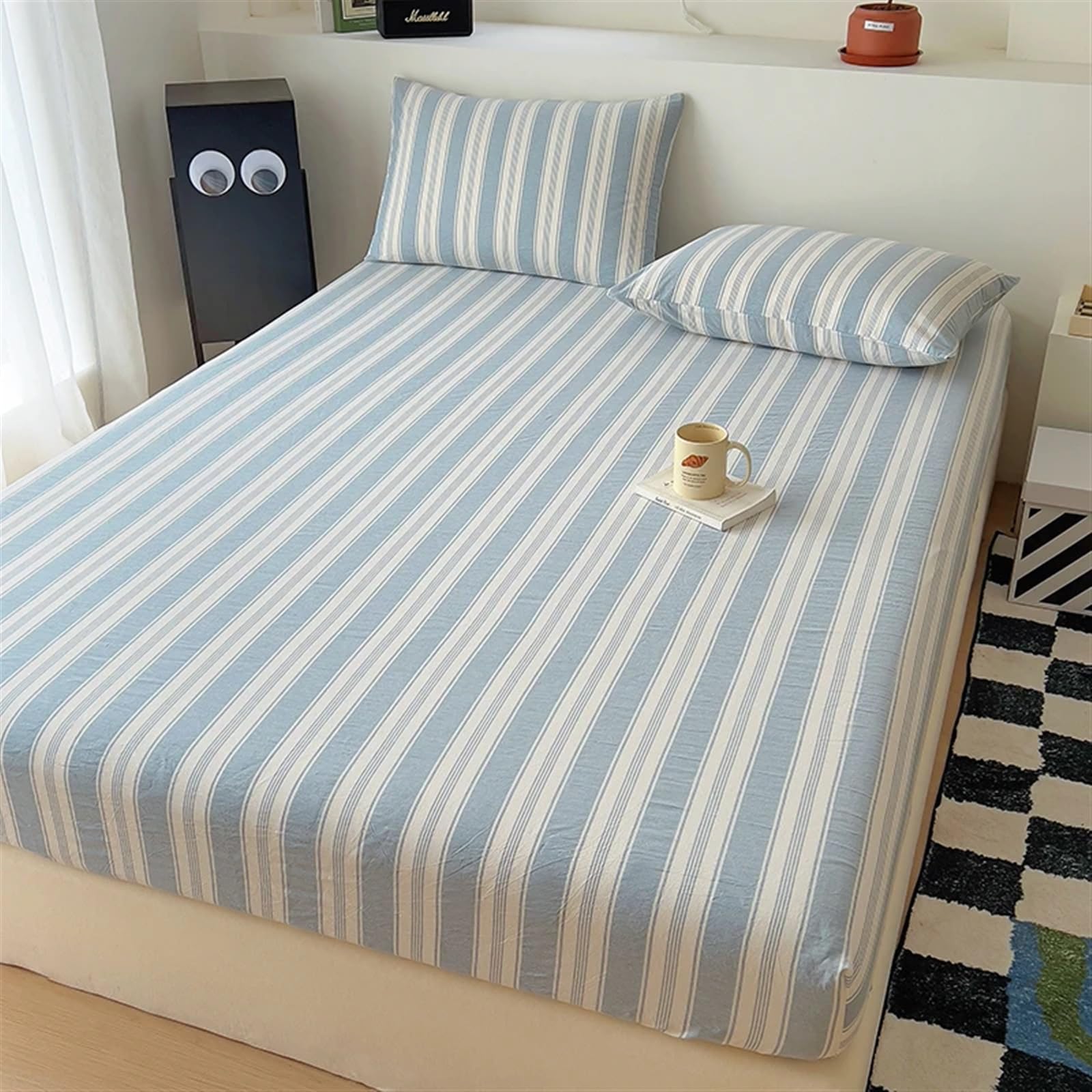 Draps Housses Drap-Housse en Coton, Lin Teint Fil à Rayures