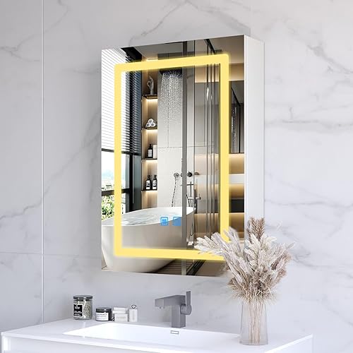 Miniatura 8 de LALAHOO Botiquines para baño, espejo de botiquín, botiquín iluminado con luces LED, estante ajustable, 3 colores, atenuador, desempañador, 20 x 28