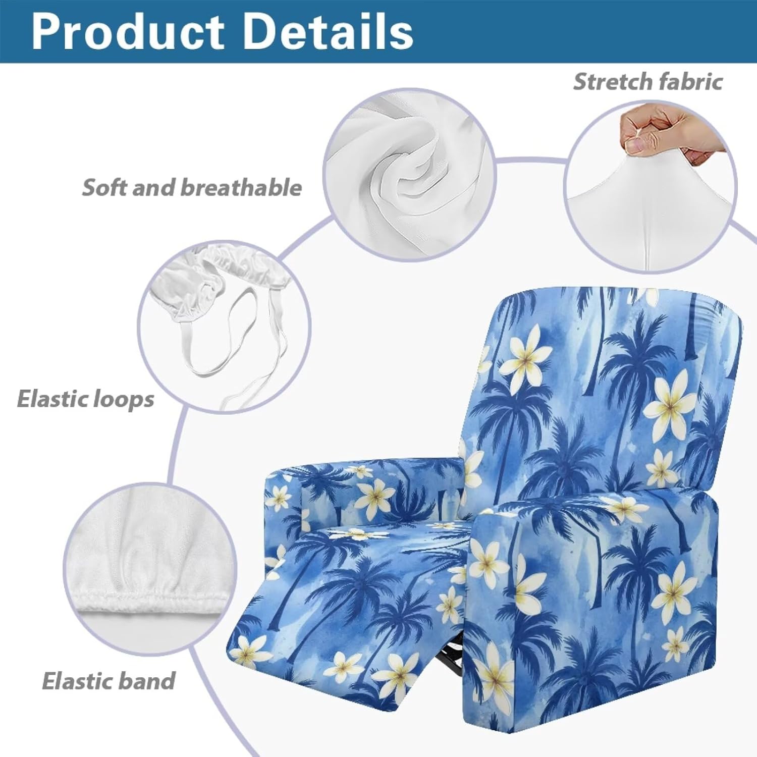 Recliner Covers that Stay in Place Sofa Slipcovers 4-Pieces Soft Reclining Chair Covers with Pockets for Living Room, Hawaiian Palm Tree Plumeria Print Blue