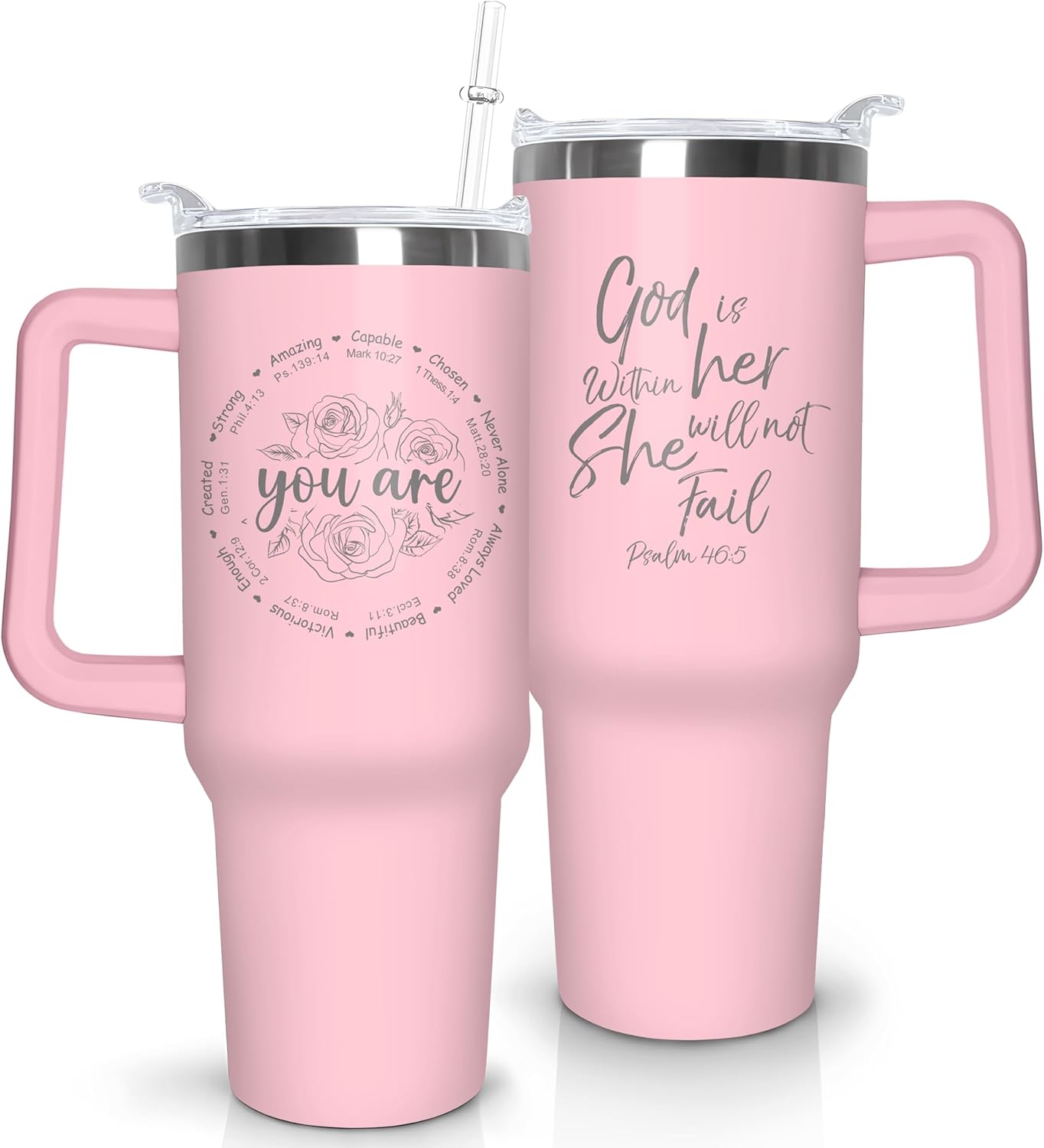 Christian Tumbler with Handle and Straw, 40 oz Vacuum Insulated Water Bottle Stainless Steel, Leak Proof Travel Mug, Inspirational Religious Belief Gifts for Her Women Girl Christmas Mothers Day