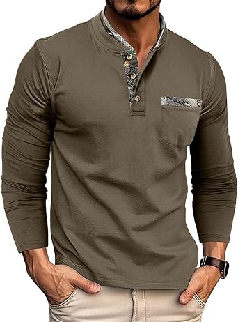 Mens Henley Shirts Long Sleeve Button Golf Shirt Casual Classic Regular Fit T-Shirt Fashion Cotton Soft Top with Pocket