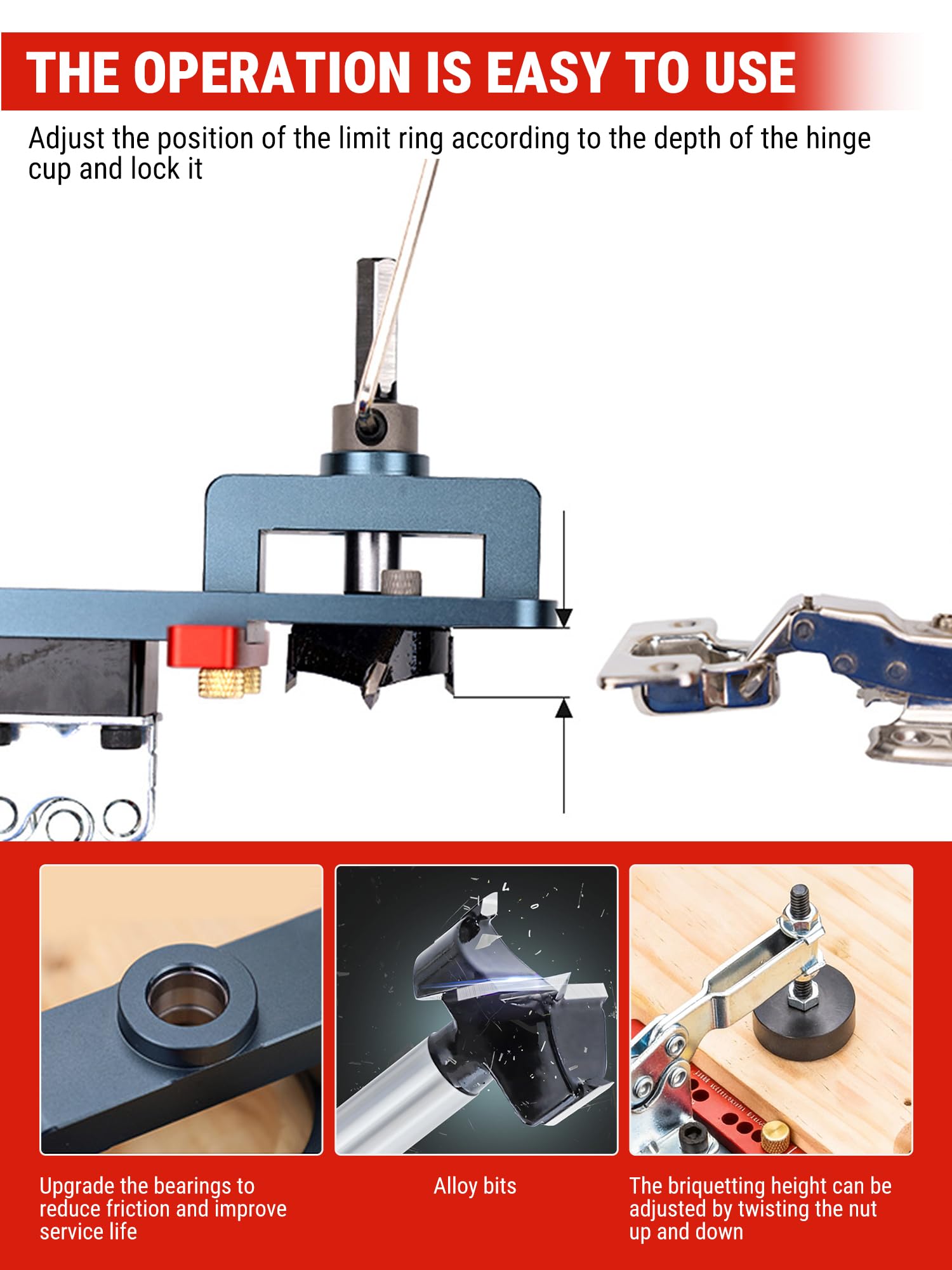 VOBOR 35mm Plantilla para Bisagras de Cazoleta, Jig de Perforación de Abrazadera con Localizador y Broca, para Puertas, Gabinetes, Muebles de Madera, Carpintería y Bricolaje