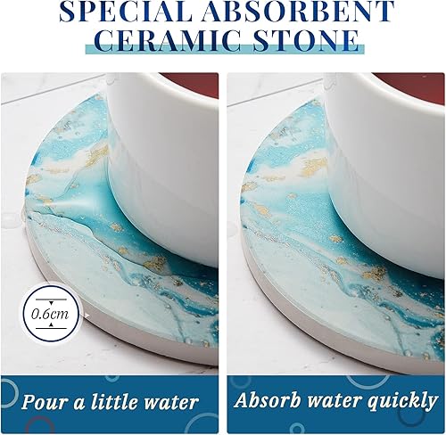 Miniatura 3 de 8 posavasos para bebidas con soporte, diseño de mármol océano, cerámica, absorbente, estilo océano, absorbente, con base de corcho para decoración