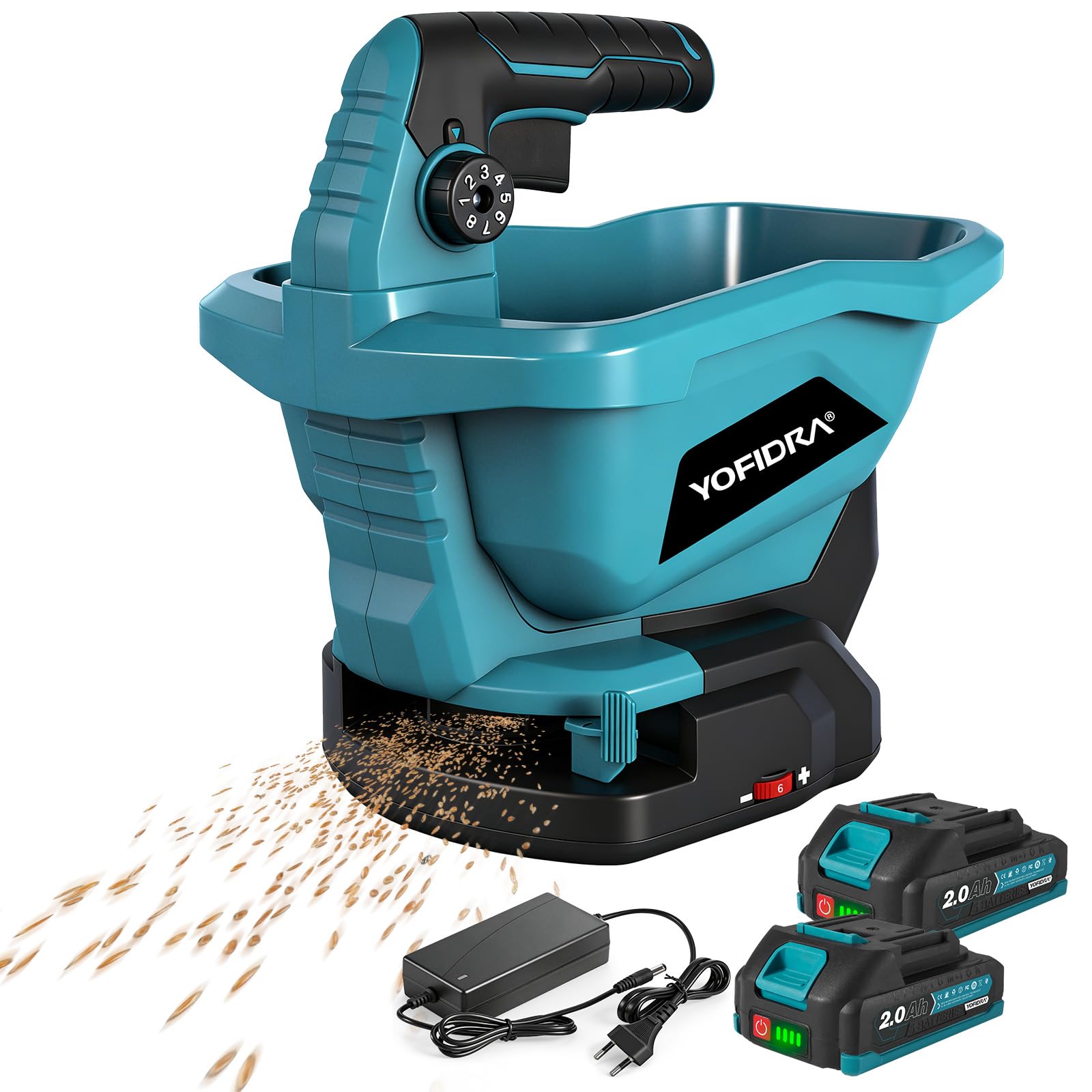 Yofidra Épandeur d'Engrais sans Fil - Épandeur Gazon avec 2 Batteries de 2,0 Ah, Épandeur Gazon, Capacité 3,3 L, 6 Vitesses, 8 Niveaux d'Épandage, Largeur 5 m, Couverture 800 m²
