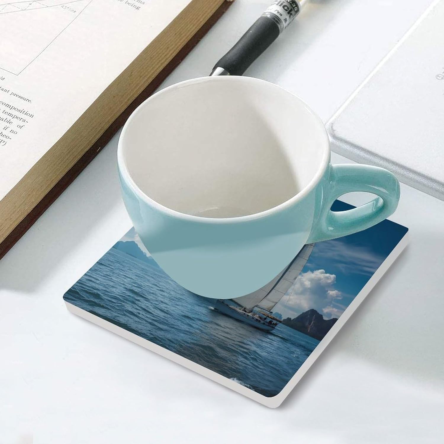 Nautical Yacht Aquatic Coastal Coaster for Drinks Square Ceramic Table Coasters Stone Mat Crafts 6PCS Home Kitchen Decor