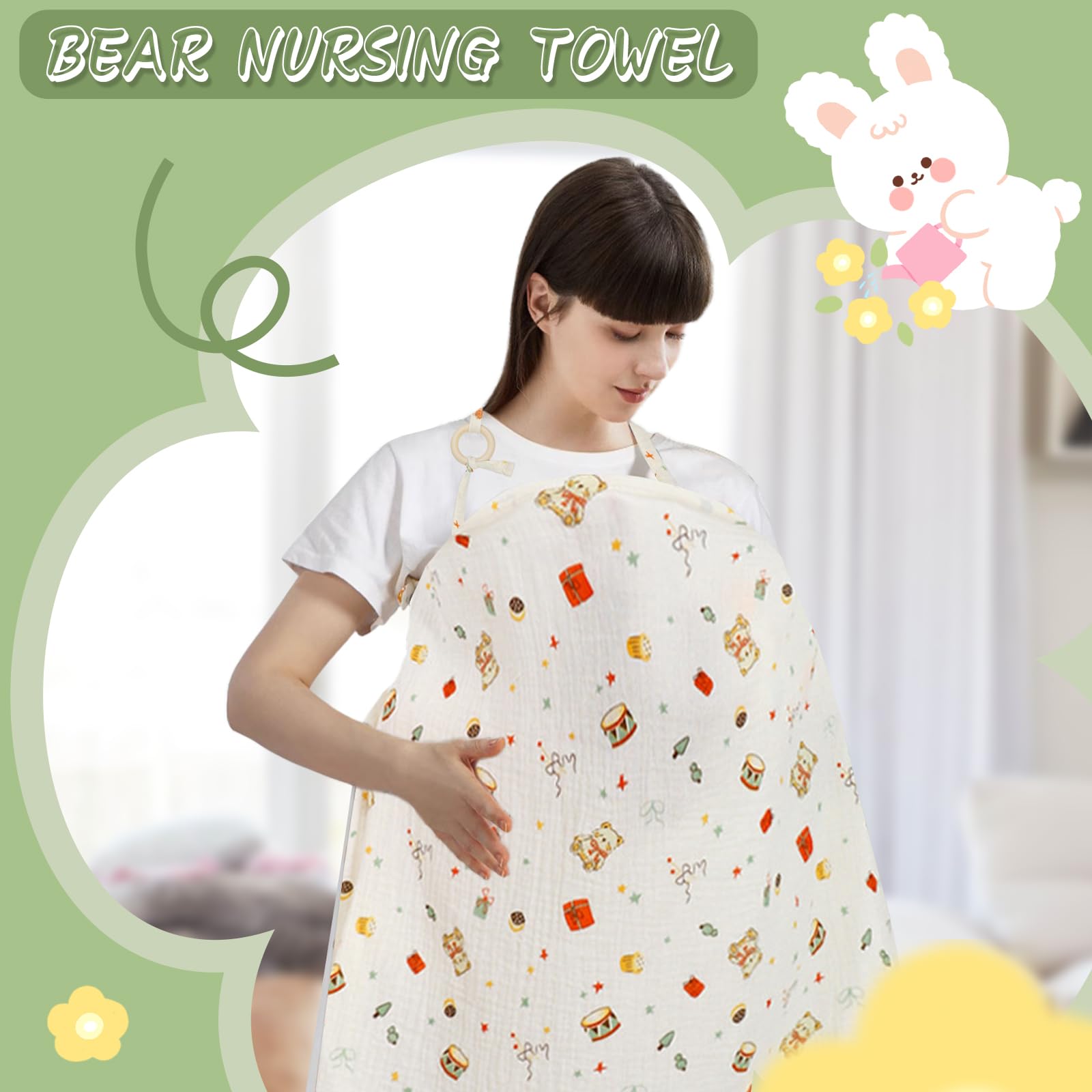 Cape Allaitement Bebe 93 x 65 cm Coton Boucle de Fixation Beige Ours