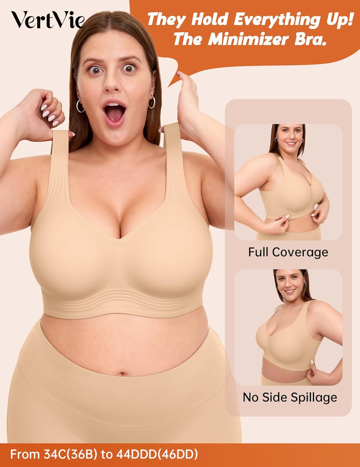 Vertvie Women's Seamless Bras(Black,3X-Large)+Minimizer Soft Wireless Push Up Bra(Skin,40D)
