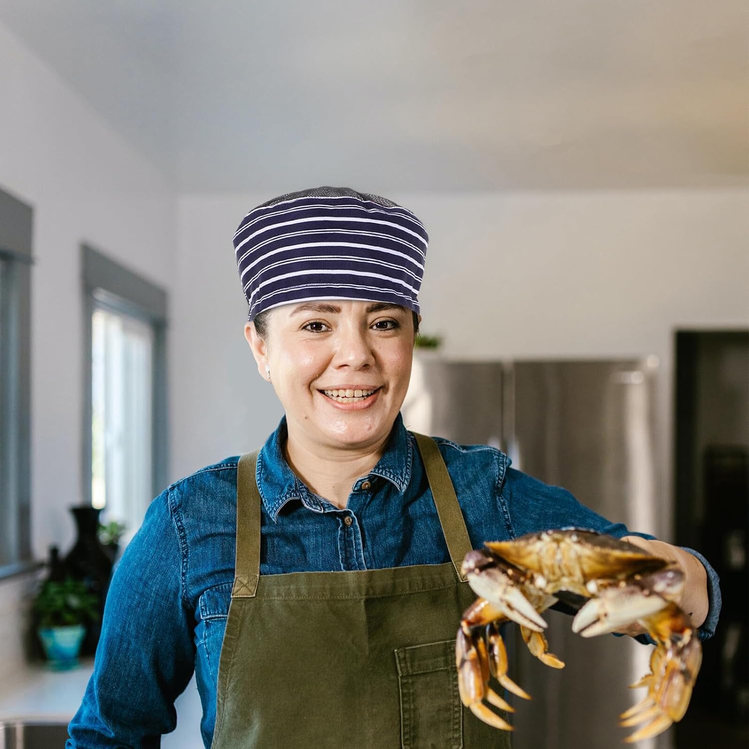 Unisex Blue and White Striped Chef Hat Kitchen Work Cap Breathable Mesh Cooking Hat for Men and Women Hotel Staff Restaurant Uniform