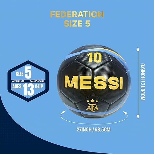 Miniatura 4 de Icon Sports Balón de fútbol de la selección nacional de Argentina oficialmente tamaño 5 - Messi 10 azul marino con amarillo